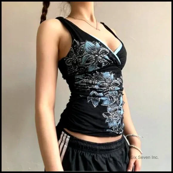 Y2K Emo Grunge Tank Top Flower Graphic Camis Vintage Print Mini Gothic Sexy - Picture 2 of 3
